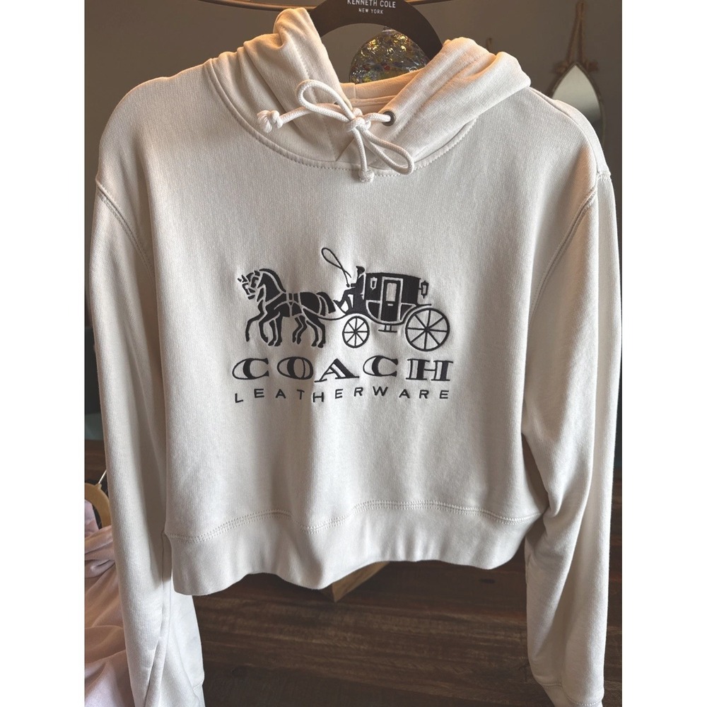 Coach Women's Off White Cropped Hoodie Horse & Carriage Logo Motif Size XL
